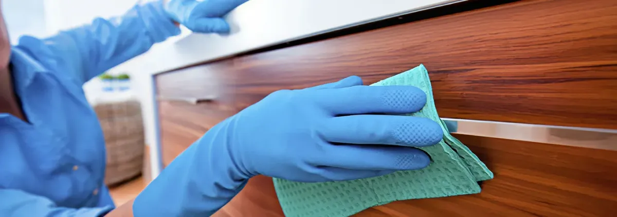 Cleaner wearing blue gloves wiping a wooden cabinet drawer with a microfiber cloth for dust and grime removal, Aurora, IL.