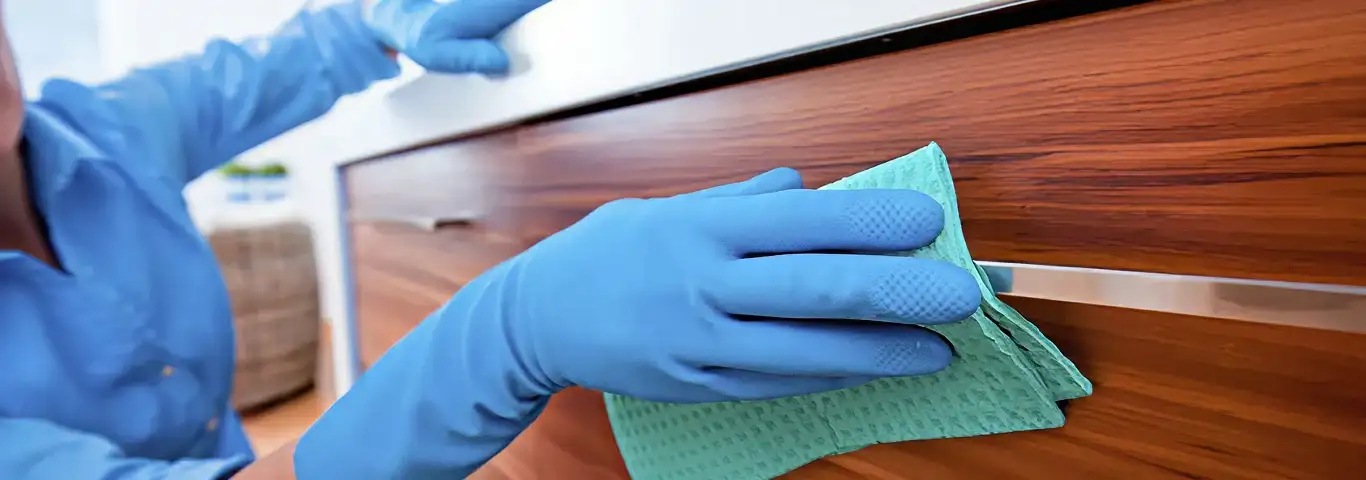 Cleaner wearing blue gloves wiping a wooden cabinet drawer with a microfiber cloth for dust and grime removal, Aurora, IL.