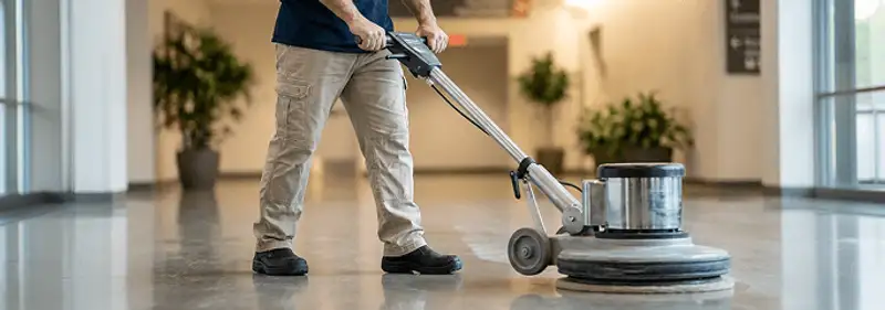 Professional technician using an industrial floor buffer to polish and maintain shiny commercial flooring in a corporate hallway in Aurora, IL.