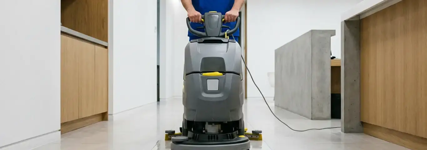 Janitorial staff using a floor scrubber machine to clean a commercial hallway, Aurora, IL.