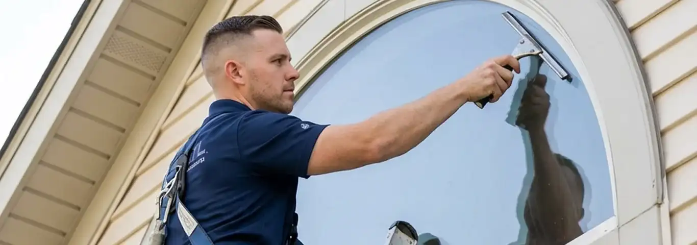 Professional window cleaner using a squeegee to clean an exterior arched window on a home, Aurora, IL.