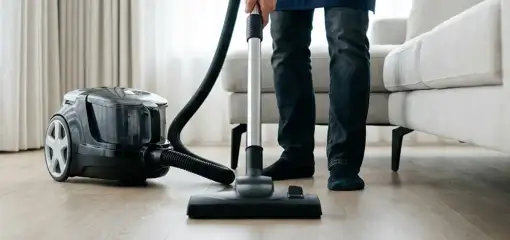 Professional house cleaner vacuuming a living room floor with a canister vacuum cleaner, Aurora, IL.