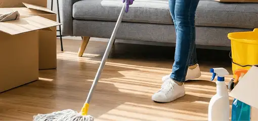 Move-out cleaning setup with a cleaner mopping hardwood floors near moving boxes and cleaning supplies, Aurora, IL.