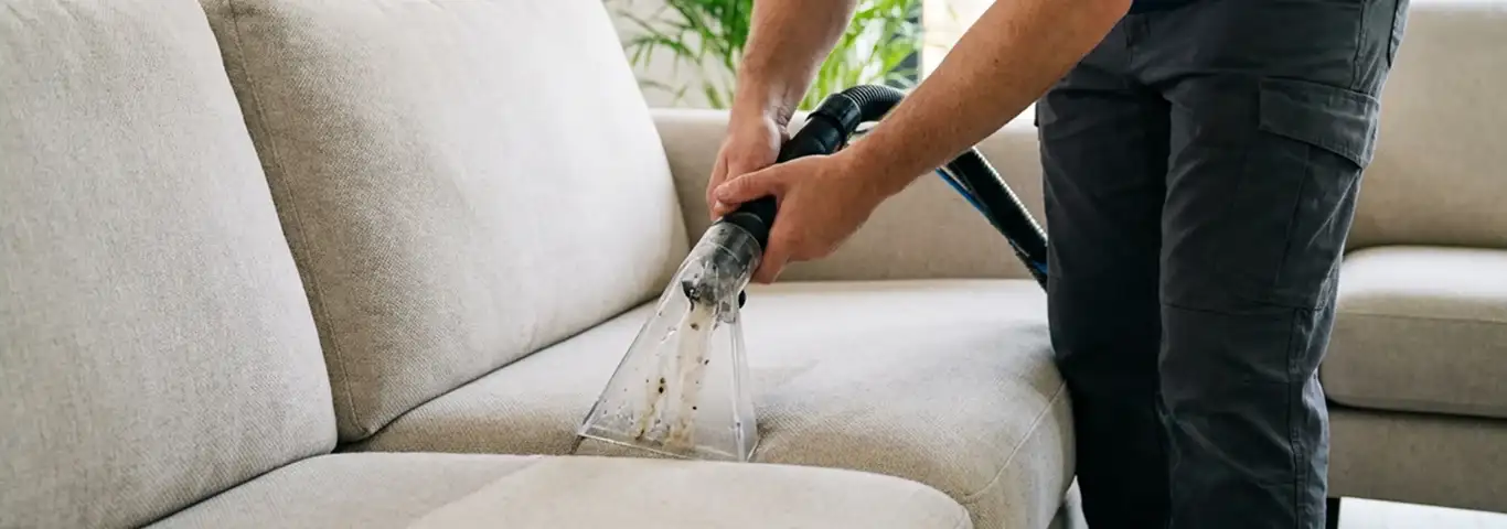 Technician extracting dirt and moisture from a fabric sofa with an upholstery cleaning wand, Aurora, IL.