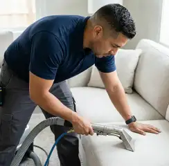 Professional upholstery cleaning technician using an extraction wand to deep-clean a fabric sofa, Aurora, IL.