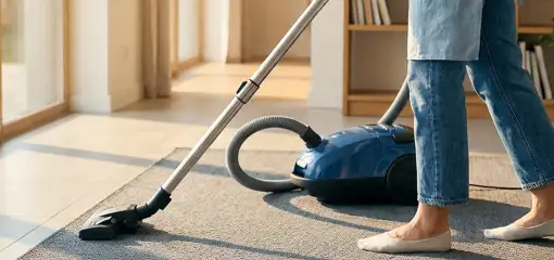 Person vacuuming a living room rug with a canister vacuum cleaner near large windows, Aurora, IL.